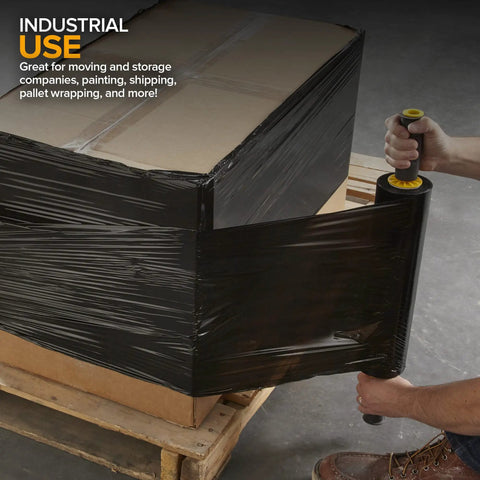 Smooth Operator Heavy Duty Black Stretch Wrap Roll With Handles 15 Inch 1000 Foot 60 Gauge used for wrapping a box securely.