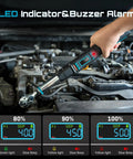 Person using 3/8-Inch Drive Digital Torque Wrench with LCD Display on a car engine, showing LED indicators and buzzer alarm.