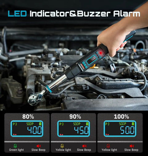 Person using 3/8-Inch Drive Digital Torque Wrench with LCD Display on a car engine, showing LED indicators and buzzer alarm.
