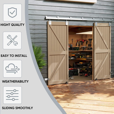 14ft Box Rail Exterior Barn Door Hardware Kit For Two Doors System Heavy Duty Sliding Track Kit Wall Mount Door Hardware Galvanized Steel Supports Up To 450 Lbs For Doors 1 3/8 In To 1 3/4 In Thick Silver, installed on a wooden shed showcasing sliding mechanism.