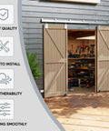 16 Foot Box Rail Exterior Barn Door Hardware Kit for Two Doors System installed on wooden structure, doors open
