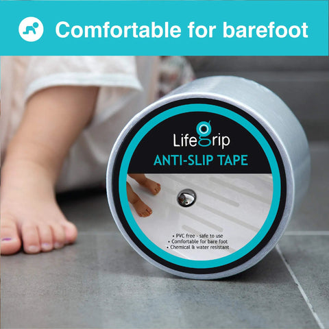 Clear Non Slip Tape 4 Inch By 30 Feet, Grippy Anti Slip Adhesive For Tubs, Boats, Stairs, Safe For Bare Feet, Soft Texture Comfort, Eco Friendly Home Safety Solution product packaging with barefoot child in background.