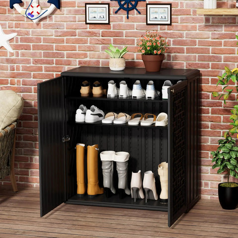 Outdoor Storage Cabinet with Shelf Waterproof Resin Shed For Patio And Garden, 60 Gallon, open with shoes inside.