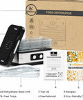 No Sweat Compact Food Dehydrator For Crafting Homemade Beef Jerky Crispy Banana Chips Dried Oregano Leaves And Handcrafted Puppy Bites with trays and user manual.