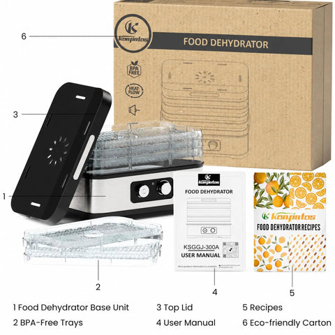 No Sweat Compact Food Dehydrator For Crafting Homemade Beef Jerky Crispy Banana Chips Dried Oregano Leaves And Handcrafted Puppy Bites with trays and user manual.