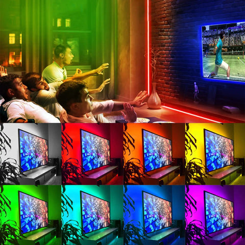 16.4 Feet LED Light Strips With Remote And Power Supply in multicolor RGB setup around TV, showcasing vibrant room ambiance