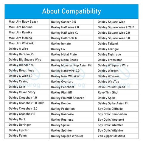 Image showing compatibility chart for Replacement Silicone Nose Pads For Oakley Sunglasses Socket 5.0 And 5.5 6 Pack Soft Durable Comfort Fit For Contrail Barrelhouse Crosshair 2.0 WireTap Whisker Dart Tightrope Sway Bar Extender And More.