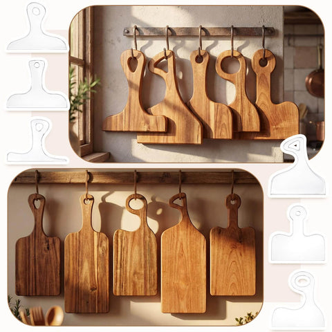 Wooden charcuterie boards hanging, featuring All In One Router Template Kit For DIY Woodworking With 6 Charcuterie Board Handle Guides.
