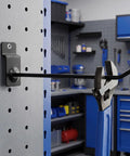 Iron pegboard hook in use, part of 20 Pack Slat Board Hook Set For Retail Displays, Iron Pegboard Hooks With 4mm Rod, Polished Finish.