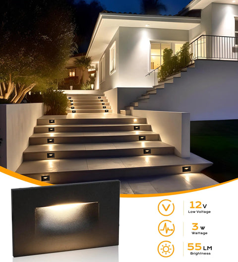 12V Low Voltage Indoor Outdoor Smart LED Step Lights for homes and decks illuminating a staircase at night, 6 pack shown