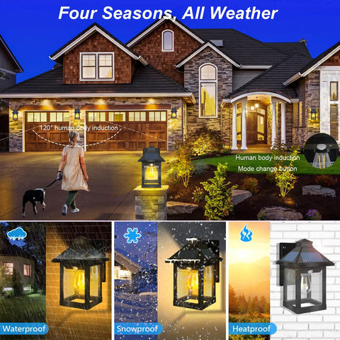 Solar Powered Outdoor Wall Lanterns Waterproof With 3 Modes No Fuss 2 Pack Wireless Dusk To Dawn LED Sconce Lights Motion Sensor Wall Mount Porch Light For Patio Garden Yard With Clear Cover in various weather conditions.