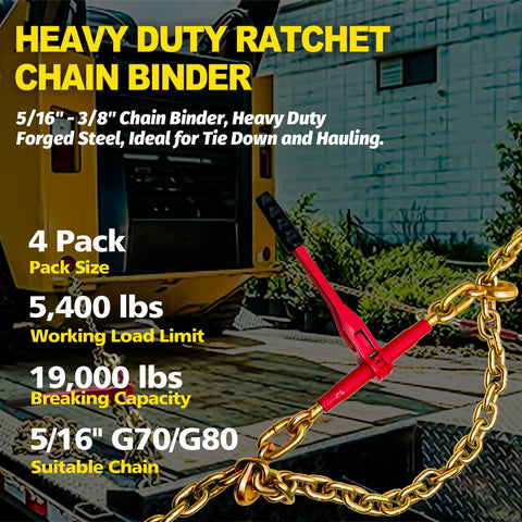 Heavy Duty Ratchet Chain Binders 5/16 To 3/8 Inch, 4 Pack With Clevis Hooks, 5,400 Lbs Working Load depicted on a truck flatbed