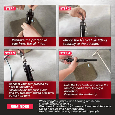 Step-by-step guide for using Compact Air Needle Scaler For Rust Removal With 12 Hardened Needles And 4000 BPM Power