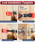 Rock Solid Door Hinge Jig Kit With Router Template And Mortise Chisel Guide For Latch Install showing lock installation steps.