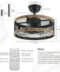 Image showing the rustic black Caged Farmhouse Ceiling Fan With Lights Remote Control Bladeless Enclosed Fandelier 18 Inch Black Ideal For Bedroom Kitchen And Living Room Cozy Rustic Style with dimensions and remote control.