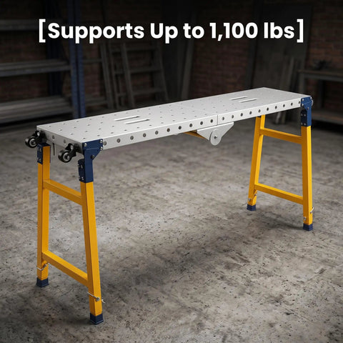 Heavy Duty Steel Portable Foldable Welding Bench With Locking Casters That Rolls Smooth And Folds Flat For Tight Garage Storage And Road Ready Shop Projects Every Single Time, supports 1100 lbs, shown in garage setting.