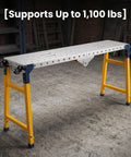 Heavy Duty Steel Welding Platform And Collapsible Workbench Table Loads Up To 1100 Pounds, foldable with yellow legs in workshop.