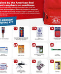 Family Ready All In One 2 Person Emergency Survival Kit For Hurricanes And Earthquakes With A 72 Hour Gear Backpack Disaster First Aid Supplies And More For Preparedness including flashlight, emergency water, first aid kit, and more items on display with red backpack.