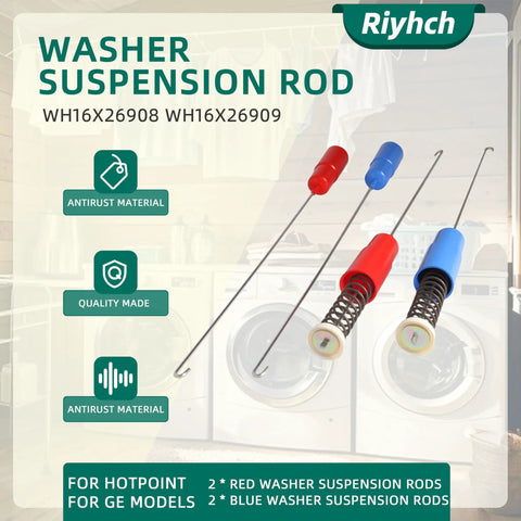 Heavy Duty Washer Suspension Rods Kit Wh16x26908 Wh16x26909 Shock Absorbers For Ge Hotpoint Washing Machine, red and blue rods.