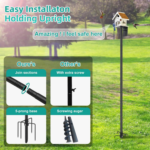 Heavy Duty Outdoor Bird Feeder Pole Kit with 60 Inch Ground Mount and 5 Prong Base shown installed in a garden setting