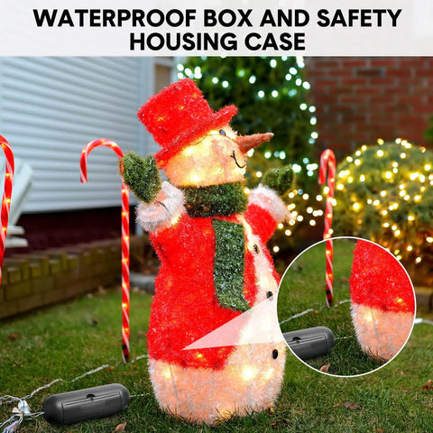 16 Pack Outdoor Extension Cord Safety Capsule Protectors for Holiday Lights with lockable design in a garden scene with snowman.
