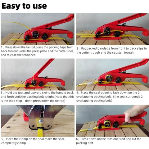 Manual tensioner tool in use for Real Deal Heavy Duty Pallet Strapping Kit demonstrating strapping process on wood surface.