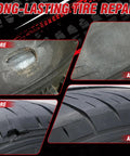 Before and after images of tire repair using Vulcanizing Cement 8.5Oz All Purpose Tire Repair Glue With Brush.