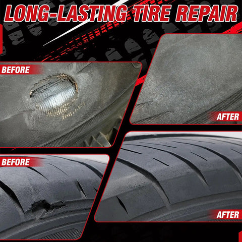Before and after images of tire repair using Vulcanizing Cement 8.5Oz All Purpose Tire Repair Glue With Brush.