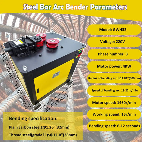Workhorse Automatic Steel Bar Circle Bending Machine Electric Rebar Bender Built To Knock Out One Point Two Six Inch Carbon Steel Rods Smooth As Silk Rated 220V 4kW setup features motor specs and parameters.
