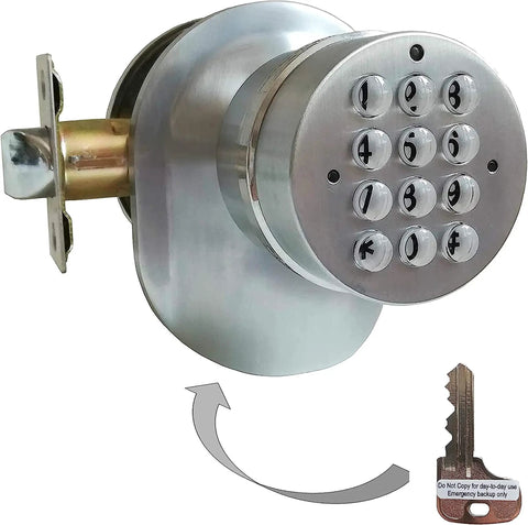 Easy DIY Electronic Keypad Door Knob Lock Set With Backup Mechanical Key, front view showing number pad and key.
