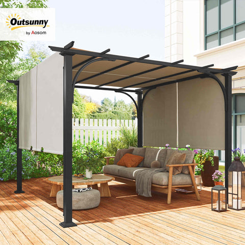 10x10 Patio Pergola With Weather Resistant Steel Frame And Fully Adjustable Sliding Canopy Shade For Backyard Hangout Porch Party Garden Gazebo Beige Shelter With Side Rail Design And Easy Sun Blocking over patio furniture
