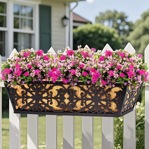 Two Pack 24 Inch Window Box Planters With Adjustable Brackets Coco Liners And Fabric Grow Bags For Deck Railing Balcony And Outdoor Garden Use Great For Sunlit Patios And Porches With Easy Mount Brackets And Durable Waterproof Finish shown with vibrant flowers against a garden backdrop.