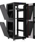 Kickass 42U Server Rack Cabinet on Smooth Rolling Wheels With Secure Locking Doors built with open sides for easy access to equipment.