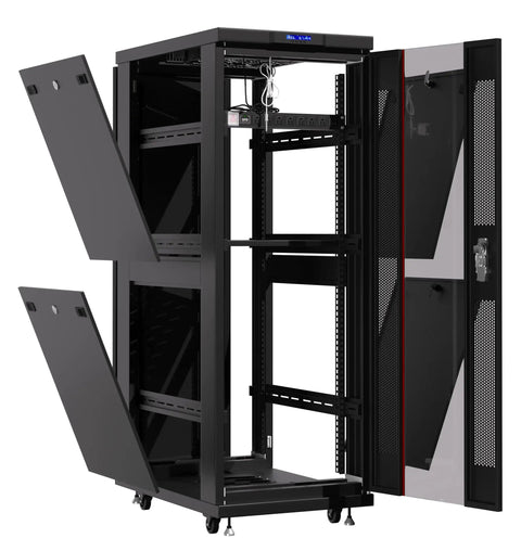 Heavy Duty 42U Server Rack Cabinet On Wheels With Locking Door and shelves visible, ideal for tech setups.