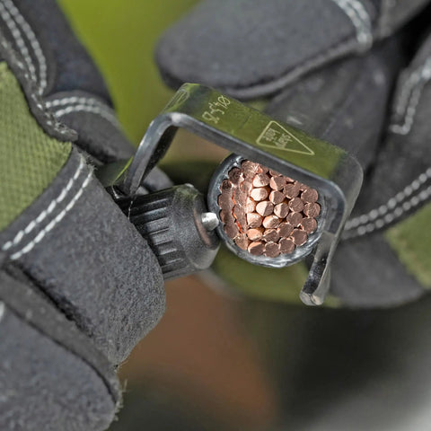 Pocket Cable Stripping Tool With High Carbon Steel Blade, 7 Inch, cutting copper cable in protective gloves