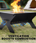 Portable Campfire Grill For Outdoors Large Folding Stainless Steel Fire Pit With Grill, heavy-duty charcoal BBQ in use at campsite