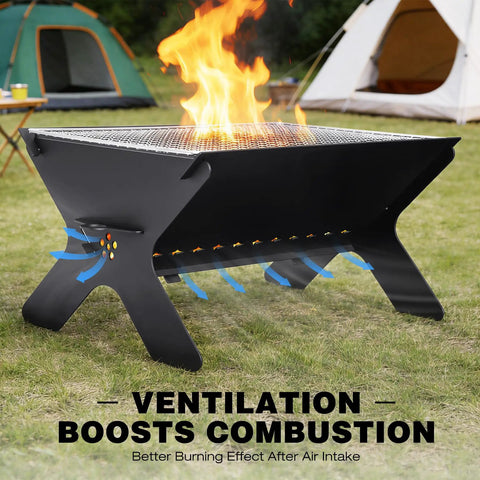 Portable Campfire Grill For Outdoors Large Folding Stainless Steel Fire Pit With Grill, heavy-duty charcoal BBQ in use at campsite