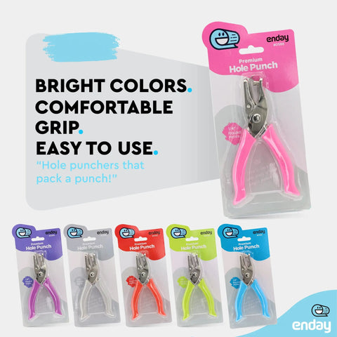 Metal Single Hole Punch For Paper And Crafts With Soft Grip Handles, Pink Quarter Inch Hole Puncher packaged colorful display
