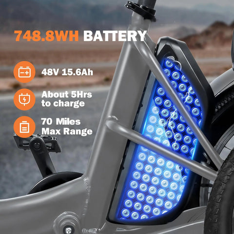 Fat Tire Folding Three Wheel Electric Trike Ebike With 1200W Peak Brushless Motor And Removable 748Wh Battery For Adults Up To 70 Miles Step Through Design battery detail 48V 15.6Ah