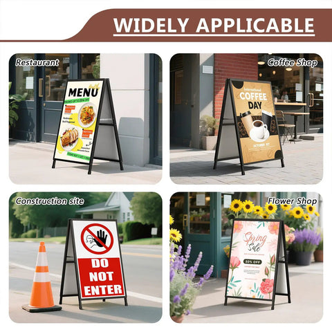 Double Sided 24x36 Inch Street Poster Sign Heavy Duty Folding Sidewalk Board With Slide In Steel Frame in various settings