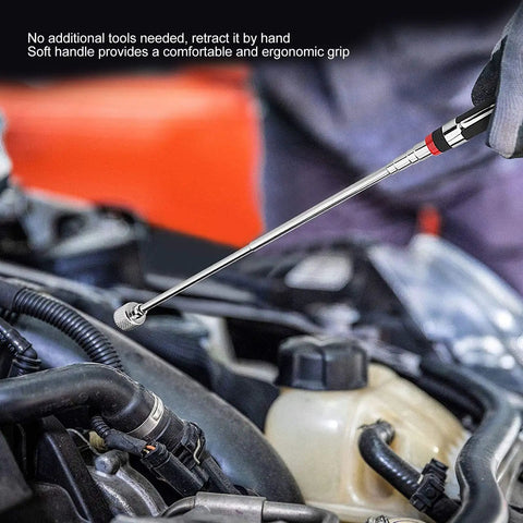 Cool Retractable Magnetic Pickup Pen Kit With Rubber Grip Steel Magnets Perfect For Garage Work, Car Repairs And Reaching Deep Spots Hassle Free Heavy Duty Weatherproof Design For Any Job. Retractable magnetic pickup pen in car engine bay, rubber grip and steel tip