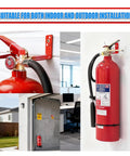 4 Pack Fire Extinguisher Wall Mount Kit With Heavy Duty Bracket And Hook No Fuss Securely Mount Standard Fire Extinguishers In Any Spot Rust Resistant Iron Mounts Easy Install With Screws And Washers Included, showing mounted extinguishers indoors and outdoors