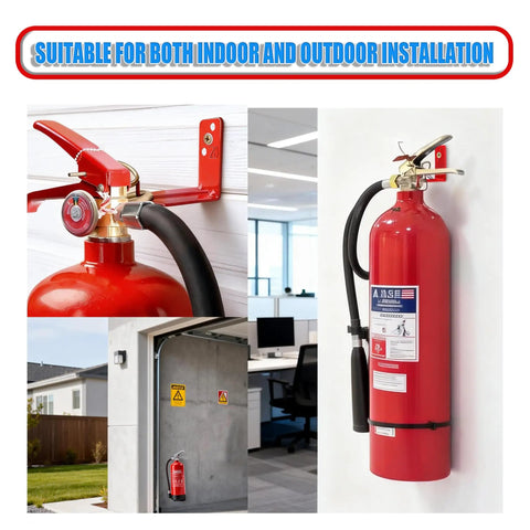 4 Pack Fire Extinguisher Wall Mount Kit With Heavy Duty Bracket And Hook No Fuss Securely Mount Standard Fire Extinguishers In Any Spot Rust Resistant Iron Mounts Easy Install With Screws And Washers Included, showing mounted extinguishers indoors and outdoors