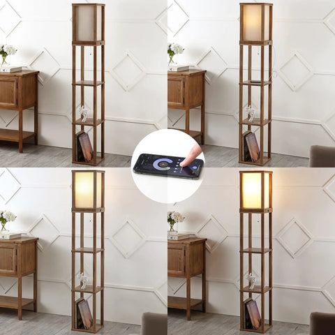63.5 Inch Brown Wood Three Shelf Etagere Floor Lamp With USB Charging Port in rustic boho style for living room or bedroom