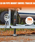 Installed 5000lb A-frame trailer jack with weld-on pipe mount; black steel, round base plate