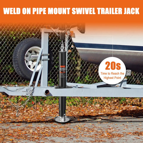 Installed 5000lb A-frame trailer jack with weld-on pipe mount; black steel, round base plate