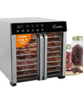 No Nonsense 8 Tray Food Dehydrator showing jerky on trays, stainless steel design, with digital display and jars of dried fruit.