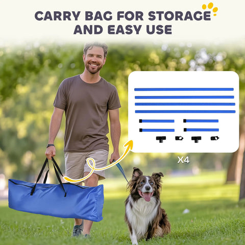 Man with dog carrying 4 Piece Dog Agility Jump Set With Adjustable Heights Displacing Top Bar Easy Carry Bag Durable PVC Poles