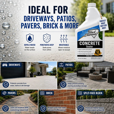 Bomb Proof Clear Concrete Sealer Water Based Waterproofing Spray Slap It On Driveways Or Patios For Crack Free Dry Ground And Stain Proof Grout Low Odor Real Tough Coverage 4 Gallon on driveways and patios.