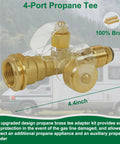 RV Propane Kit With 4 Port Brass Tee, side view showcasing brass material, measurement details, camping van in background.